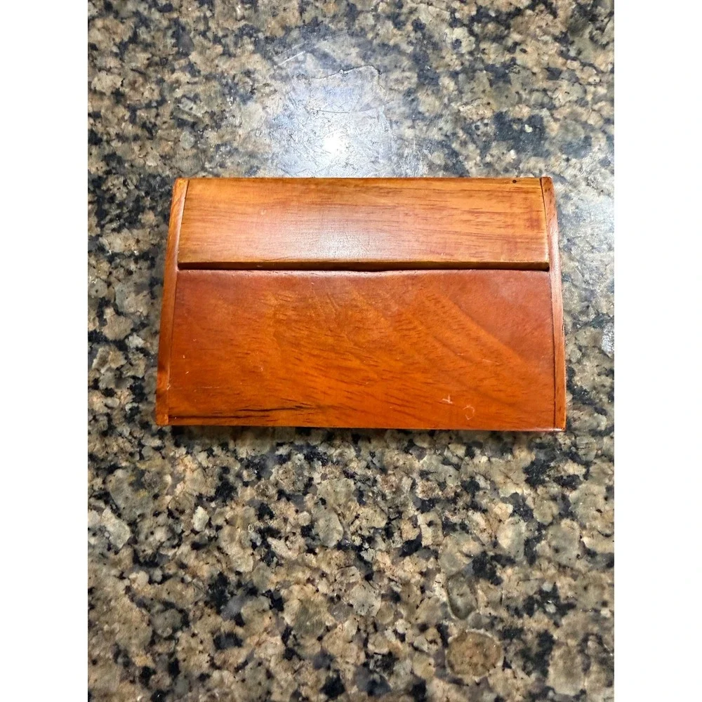 Vintage Wood Mother of Pearl Inlay Business Card Holder Case‎ Tropical Palm Tree